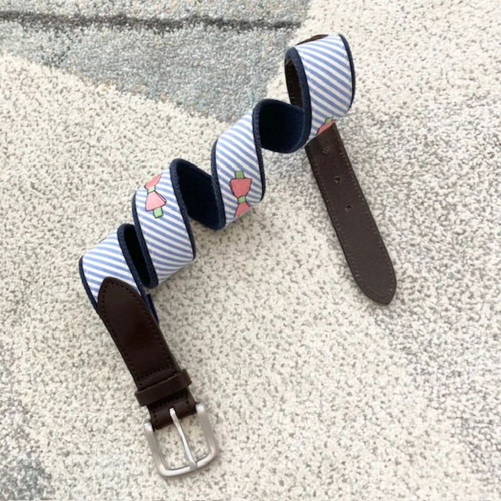 Vineyard Vines Boys Size 30 XL Kentucky Derby Seersucker Leather Bow Tie Belt